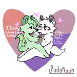 1:1 after_kiss anthro bisexual_pride_colors blush bodily_fluids canid canine chibi duo fox french_kissing green_body heart_symbol kissing lgbt_pride making_out male male/male mammal mynty_(mynty_paws) pride_colors saliva saliva_string sitting_on_another sudonoun text white_body