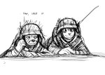 2023 anthro canid canine canis dialogue domestic_dog duo english_text female fox hi_res hladilnik mammal military military_helmet monochrome on_ground peggy_patterson samantha_thott simple_background sketch smile soldier text warrior white_background