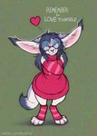 2020 anthro big_ears blue_body blue_fur blue_hair canid canine closed_smile clothed clothing english_text eyes_closed eyewear fangs felid feline female fennec_fox fox front_view full-length_portrait fur glasses hair heart_symbol hi_res hybrid inner_ear_fluff lynx mammal mouth_closed mylafox pink_clothing pink_inner_ear pink_sweater pink_topwear portrait simple_background smile solo standing sweater teeth text topwear true_fox tuft url white_body white_fur white_inner_ear_fluff