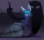 anthro big_butt blue_hair butt clothing dein-schatten duo female gesture hair hand_gesture hi_res hood league_of_legends legwear looking_back middle_finger pink_eyes riot_games tencent thigh_highs vex_(lol) yordle