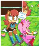 amy_rose anthro archie_comics backless_clothing backless_dress boots bottomwear breasts chipmunk clothed clothing clothing_lift comic dress dress_lift duo ellipsis eulipotyphlan eyes_closed female flower food footwear grass ground_squirrel hair headgear headwear hedgehog hi_res lying mammal midriff navel open_mouth outside panties plant red_clothing red_dress rodent sally_acorn sciurid sega shoes shorts sitting sonic_the_hedgehog_(archie) sonic_the_hedgehog_(comics) sonic_the_hedgehog_(series) speech_bubble tenshigarden text underwear upskirt white_clothing white_panties white_underwear