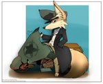 anthro canid canine chibi clothing coat fennec_fox fox hat headgear headwear hi_res long_coat looking_at_viewer male mammal markings masterzoroark666 military military_hat military_uniform motorcycle on_bike riding_motorcycle rust solo text topwear true_fox uniform url vehicle waiting