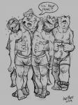 2019 5_fingers 5_toes anthro bear bottomwear canid canine canis clothed clothing collar dialogue domestic_dog dominant dominant_male electronics english_text feet fingers group headphones hi_res hypnosis k-9 male male/male mammal mind_control monochrome navel nipples shorts sketch speech_bubble spiral_eyes standing submissive submissive_male text toes tongue tongue_out topless