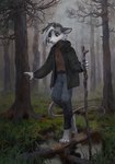 2024 american_opossum anthro balancing belt bottomwear clothed clothing coat day digital_media_(artwork) digital_painting_(artwork) digitigrade female forest fur grass grey_body grey_eyes grey_fur grey_hair hair hi_res holding_object koviry log looking_down mammal marsupial multicolored_body multicolored_fur multicolored_hair nature outside pants plant pond rudy_(ruddi) solo stick sweater topwear tree two_tone_body two_tone_fur two_tone_hair walking walking_stick water wet wet_clothing white_body white_fur white_hair wood