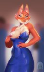 anthro areola blackrabbitshone breasts canid canine diane_foxington dreamworks evening_dress eyebrow_piercing facial_piercing female fox hi_res mammal nipples piercing pink_areola pink_nipples pinup pose solo the_bad_guys