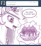 2011 ask_blog ask_princess_molestia banana bodily_fluids cherry crown dessert dialogue drooling english_text equid equine fan_character female feral food friendship_is_magic fruit hair hasbro headgear horn horse ice_cream john_joseco long_hair magic mammal monochrome my_little_pony open_mouth plant pony princess princess_celestia_(mlp) princess_molestia royalty saliva solo text tiara tongue tongue_out tumblr