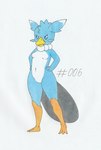 2024 anthro anthrofied beak blue_body blue_eyes breasts colored_pencil_(artwork) empty_eyes featureless_breasts featureless_crotch female foxydraws fuack hands_on_hips hi_res looking_at_viewer multicolored_body nude pal_(species) palworld pocketpair simple_background solo standing traditional_media_(artwork) two_tone_body white_background white_body