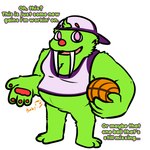 1:1 2024 anthro basketball bugsnax chandlo_funkbun digital_drawing_(artwork) digital_media_(artwork) english_text full-length_portrait fur green_body green_fur grumpus hi_res male portrait pregnant pregnant_male pregsnax(artist) simple_background solo text tusks young_horses