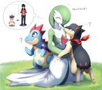 2020 ambiguous_gender armband black_bottomwear black_clothing black_hair black_pants blue_body blue_fur blush bodily_fluids bottomwear clothed clothing comparing countershade_torso countershading croconaw ear_piercing ear_ring feral fire fully_clothed fur gardevoir generation_2_pokemon generation_3_pokemon grass green_body group hair hi_res human ivan-jhang japanese_text kneeling lifting_another looking_at_another mammal nintendo one_eye_closed orange_eyes pants pawpads piercing pink_pawpads plant pokemon pokemon_(species) pokemon_mystery_dungeon purple_armband question_mark quilava red_body red_scarf ring_piercing scarf shaded shadow sharp_teeth shirt short_hair simple_background spike_chunsoft standing sweat tan_body tan_countershading tan_fur teeth text topwear white_background white_body white_clothing white_shirt white_topwear