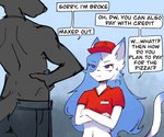 6:5 absurd_res anthro black_body blue_hair canid canine canis clothing crop_top delivery_(commerce) dialogue ds0ivi0 duo english_text felid feline femboy food_delivery hair hi_res male mammal pizza_delivery shirt speech_bubble stiria text topwear white_body wolf