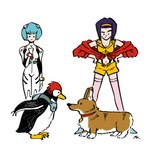 1:1 absurd_res avian bird blue_hair bodysuit canid canine canis clothing cowboy_bebop crossover domestic_dog ein_(cowboy_bebop) faye_valentine female feral group hair hi_res human mammal mizmaru neon_genesis_evangelion pen_pen_(evangelion) penguin penpen pilot_suit plugsuit purple_hair rei_ayanami skinsuit tight_clothing