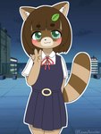 absurd_res anthro asian_clothing brown_body brown_hair canid canine clothing east_asian_clothing female green_eyes hair hi_res japanese_clothing japanese_school_uniform kawaiirosiechan leaf mammal raccoon_dog school_uniform solo tanuki tanuki_leaf uniform young young_anthro young_female