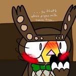 1:1 2022 animal_crossing anthro avian bird blathers_(animal_crossing) blush bow_tie brown_body crop_milk dialogue english_text green_bow_tie nintendo open_mouth owl randomacman solo text