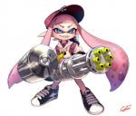 >:) animal_humanoid backpack blue_eyes blush cephalopod cephalopod_humanoid clothing digital_media_(artwork) female footwear gun hat headgear headwear heavy_splatling hero_splatling holding_gun holding_object holding_ranged_weapon holding_weapon humanoid humanoid_pointy_ears inkling marine marine_humanoid mollusk mollusk_humanoid nintendo ranged_weapon shoes signature simple_background smile solo splatling splatoon standing sweater topwear weapon white_background yut0rir0