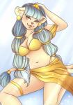 anthro biped blue_eyes blue_hair bottomwear breasts cleavage cleo_(grandifloru) clothed clothing digital_media_(artwork) ear_piercing felid female grandifloru hair head_tilt hi_res jewelry lion looking_at_viewer mammal navel pantherine piercing simple_background sitting skirt solo