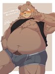 anthro bakufun34 bear belly ben_bigger body_hair briefs brown_body brown_fur bulge clothed clothing clothing_lift detailed_bulge erection erection_under_clothing facial_scar fur genital_outline happy_trail hi_res male mammal mihoyo missing_eye navel overweight penis_outline scar shirt shirt_lift solo tank_top topwear underwear zenless_zone_zero