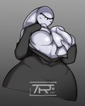 big_breasts breasts clothed clothing covering covering_breasts cyclops female gradient_background grey_background humanoid not_furry simple_background solo teaspoon