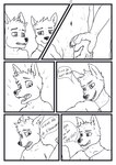 aariel_(wolfyalex96) anthro athletic athletic_anthro axel_(wolfyalex96) bathroom canid canine claws clothed clothing comic dialogue digital_media_(artwork) duo ears_back eye_contact fangs finger_claws genitals hand_on_hand hi_res jewelry looking_at_another looking_down male male/male mammal medibang_paint_(artwork) navel necklace open_mouth penis penis_base pivoted_ears smile spanish_text surprised_expression teeth text tongue topless topless_male touching_hand translated wolfyalex96