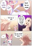 amber_eyes blue_eyes blush butt comic dialogue eeveelution english_text female female/female feral fluffy generation_1_pokemon generation_6_pokemon gradient_background grin hi_res kemono loreking ninetales nintendo pokemon pokemon_(species) ribbons rose_(loreking) simple_background smile sylveon talking_feral text