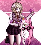 2016 accessory ahoge anthro aster_(flower) bear black_eyes blonde_hair blush blush_stickers bottomless bottomwear bra bra_only clothed clothing coconut coconut_bra daisy_(flower) danganronpa danganronpa_v3 digital_media_(artwork) dress_shirt drupe_(fruit) duo empty_eyes eyebrows eyelashes featureless_crotch female floral_background flower flower_crown flower_in_hair flower_on_head food footwear fruit fully_clothed genetic_chimerism grin hair hair_accessory hairpin holding_flower holding_object human kaede_akamatsu kneeling ktokei light_body light_skin long_hair looking_at_another mammal monokubs monophanie navel necktie object_in_mouth open_mouth open_smile pacifier pacifier_in_mouth pink_background pink_body pink_stripes plant print_bottomwear print_clothing print_skirt purple_eyes shirt shoes simple_background size_difference skirt smile socks spike_chunsoft split_color striped_body stripes teeth tongue topwear underwear underwear_only vest white_background white_body