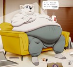 anthro arri_semler belly belly_overhang beverage big_belly bottomwear burping canid canine canis chubby_cheeks clothed clothing container detailed_background dialogue domestic_dog double_chin drawstring english_text footwear fupa fur furniture grey_bottomwear grey_clothing grey_pants grey_sweatpants hi_res holding_beverage holding_object inside male mammal moobs morbidly_obese morbidly_obese_anthro morbidly_obese_male nipples obese obese_anthro obese_male offscreen_character okaeri on_sofa open_mouth overweight overweight_anthro overweight_male pants paper_bag pizza_box sitting sitting_on_sofa socks sofa solo speech_bubble spitz story story_in_description stretch_marks sweatpants taco_bell text topless white_body white_fur wide_hips yakutian_laika