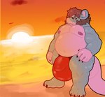 anthro beach big_bulge bulge detailed_bulge huge_bulge khrunkisillegal male mammal murid murine musclegut muscular muscular_male nipples overweight overweight_male rat rodent roque_(khrunkisillegal) seaside solo