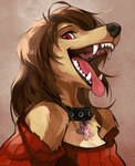 2021 absurd_res anthro bangs black_lips brown_hair bust_portrait canid canine canis clothed clothing collar collie digital_media_(artwork) domestic_dog fangs female female_anthro flower_accessory fully_clothed fur gaping_mouth hair hair_over_eye herding_dog hi_res icon lips looking_at_viewer mammal mouth_shot one_eye_obstructed open_mouth pastoral_dog portrait red_eyes rough_collie sheepdog shoulderless_sweater smile solo sweater swept_bangs tan_body tan_fur teeth teeth_showing tongue tongue_out topwear wavy_hair windwttom