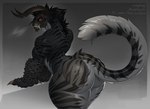 absurd_res anthro arm_wraps back_muscles big_butt breath butt chain charr csarphong fangs felid female fur grey_body grey_fur grin guild_wars hi_res horn huge_butt huge_thighs looking_at_viewer looking_back looking_back_at_viewer mammal muscular muscular_anthro muscular_female raised_tail rear_view red_eyes smile solo tail teeth thick_thighs wraps