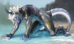 anthro ausen black_horn black_sclera blue_body blue_scales bulge clothing dragon fish frank-79 hair hi_res horn hybrid looking_at_viewer male marine mythological_creature mythological_scalie mythology scales scalie shark skinsuit solo tail tight_clothing water wet white_body white_hair white_scales