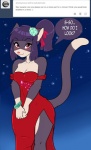 accessory anthro blush bracelet breasts cleavage clothed clothing domestic_cat dress felid feline felis female flower flower_in_hair fur hair hair_accessory jewelry mammal multicolored_body multicolored_fur plant purple_body purple_fur purple_hair red_clothing red_dress red_eyes sesame_akane skidd smile solo tail thick_thighs two_tone_body two_tone_fur uberquest white_body white_fur wide_hips