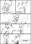 anthro canid canine clothed clothing comic digital_drawing_(artwork) digital_media_(artwork) disney english_text female fox fur hi_res judy_hopps lagomorph leporid male mammal monochrome necktie nick_wilde rabbit red_fox simple_background speech_bubble suit text thewyvernsweaver true_fox zootopia