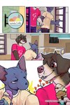 2:3 bastriw brown_eyes canid canine canis clothing comic date dessert domestic_cat domestic_dog felid feline felis fernando_(bastriw) food hairless hairless_cat hi_res ice_cream male mammal pato_(bastriw) purple_eyes sphynx_(cat) text