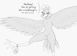 anthro avian banjo-kazooie bird breegull clothing english_text female genitals hi_res inquisitive kazooie monochrome o_0 panties pussy rareware solo sspore text underwear wings