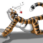 1:1 abdominal_bulge anthro anthro_pred bed bedroom belly duo eyes_closed felid furniture heart_symbol human human_prey jeremiah_leckrone larger_anthro larger_male male male/male mammal nero_(shorty) nude oral_vore pantherine size_difference smaller_human smaller_male soft_vore sound_effects stretching tail tiger vore