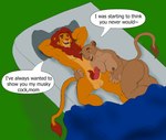 absurd_res anthro anthrofied balls big_breasts breasts dialogue disney duo felid female genitals hi_res humanoid_genitalia humanoid_penis idragonmoon_(artist) incest_(lore) lion lying male male/female mammal mother_(lore) mother_and_child_(lore) mother_and_son_(lore) nude on_back open_mouth open_smile pantherine parent_(lore) parent_and_child_(lore) parent_and_son_(lore) penis sarabi_(the_lion_king) simba_(the_lion_king) smile son_(lore) tail the_lion_king