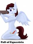 2016 absurd_res animal_genitalia animal_penis anthro collar duo english_text equid equine equine_genitalia equine_penis erection fall_of_equestria fan_character feathered_wings feathers female genitals hasbro hi_res kneeling male male/female mammal my_little_pony mythological_creature mythological_equine mythology nude oral pegasus penis purple_eyes simple_background solo_focus text theshadowstone white_background wings