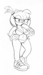 accessory amy_rose anthro big_breasts bikini bracelet breasts cleavage clothed clothing eulipotyphlan feathers female food footwear hair_accessory hairband hand_on_hip hedgehog hi_res jewelry mammal monochrome omegasunburst popsicle popsicle_in_mouth sega shoes sketch solo sonic_the_hedgehog_(series) swimwear tail two-piece_swimsuit