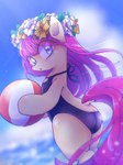 2018 3:4 anthro blue_clothing blue_eyes blue_sky blue_swimwear bokeh butt clothing day earth_pony equid equine female flower flower_crown fur glistening glistening_body hair hasbro holding_beach_ball horse looking_at_viewer mammal mane my_little_pony one-piece_swimsuit open_mouth outside pink_body pink_fur pink_hair pink_mane pink_tail plant pony semi-anthro sky solo standing swimwear tail thick_thighs water xp_r6 yellow_body