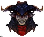 2022 2_horns anthro artist_name black_clothing black_hat black_headwear black_jacket black_topwear brown_horn bust_portrait button_(fastener) charr cheek_spikes cheek_tuft clothing colored curled_horn digital_drawing_(artwork) digital_media_(artwork) facial_spikes facial_tuft fangs felid front_view fur glowing glowing_eyes guild_wars hat headgear headwear hi_res horn jacket jerichoe male mammal multicolored_body multicolored_fur neck_tuft orange_eyes pink_nose portrait red_clothing red_shirt red_topwear shaded shirt simple_background smile smiling_at_viewer solo spikes spikes_(anatomy) tantalus_locksmith teeth thief toothy_grin topwear torn_clothing torn_hat torn_headwear tuft whisker_spots white_background