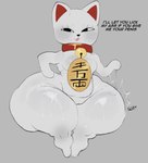 absurd_res anthro bell black_eyes coin collar dandadan domestic_cat english_text felid feline felis female genitals hi_res huge_hips huge_thighs hyper hyper_hips hyper_thighs mammal maneki-neko motylek nude onomatopoeia open_mouth pussy solo sound_effects text thick_thighs turbo_granny_(dandadan) whiskers white_body wide_hips