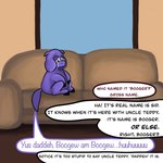 1:1 baby_talk cuddlybloodily dialogue english_text feral fluffy_pony fluffy_pony_(species) fur furniture hi_res male mammal offscreen_character purple_body purple_fur sid_(cuddlybloodily) sofa solo suina text window