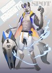 2019 abs absurd_res anthro arknights athletic athletic_anthro athletic_male ballistic_shield biantaishouchuzaiciradicacuteomega black_hair blue_hair bottomwear claws clothing collar eyebrow_piercing eyewear facial_piercing fur grey_body grey_fur hair hi_res hyena hypergryph looking_at_object male mammal markings multicolored_hair piercing shorts smile solo spot_(arknights) spots spotted_body spotted_fur spotted_hyena studio_montagne tail two_tone_hair