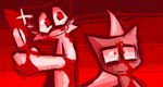 ambiguous_gender anthro blood bodily_fluids conditional_dnp domestic_cat duo felid feline felis hi_res holding_knife holding_object knife labbit_(artist) mammal red_eyes red_theme smile