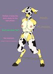 anthro bdsm bondage bound breast_growth breasts cattle_play cow_play dialogue ear_piercing ear_tag female ftmtf growth hi_res livestock objectification piercing restraints solo spreader_bar story