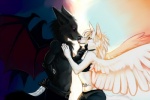 anthro black_body black_fur black_nose canid canine canis clothed clothing collar demicoeur digital_media_(artwork) duo eye_contact feathered_wings feathers female fur hands_behind_back hug knife looking_at_another male mammal melee_weapon membrane_(anatomy) membranous_wings romantic romantic_couple side_view tail tattoo topless weapon wings wolf wolfe_thane_(wolfethane)