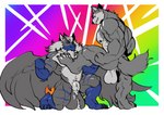 absurd_res animal_genitalia anthro ball_tuft balls big_balls canid canine canis duo flickrtail fully_sheathed fur genitals hair hi_res huge_balls hybrid kneeling male male/male mammal multicolored_body multicolored_fur multicolored_hair sheath stripes trencalos tuft wings