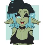 1:1 2021 absurd_res big_breasts big_ears black_clothing black_crop_top black_hair black_shirt black_topwear blue_eyes blue_highlights breasts cleavage clothed clothing collar crop_top cute_fangs digital_drawing_(artwork) digital_media_(artwork) ear_piercing ear_ring eye_through_hair eyebrow_piercing eyebrow_ring eyelashes eyeshadow facial_piercing female female_humanoid front_view gentlemannco goblin green_body green_ears green_face green_skin hair hi_res highlights_(coloring) humanoid humanoid_pointy_ears leora_(kibix1) long_ears looking_at_viewer makeup musical_note musical_symbol not_furry off_shoulder one_eye_closed open_mouth open_smile piercing portrait ring_piercing shirt simple_background skimpy smile smiling_at_viewer solo symbol topwear translucent translucent_hair wink winking_at_viewer