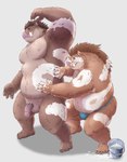 2024 anthro balls belly brown_body brown_fur clothing duo feet flaccid fur gadoran genitals hi_res kemono male mammal moobs overweight overweight_male painting_body penis simple_background suid suina sus_(pig) underwear wild_boar