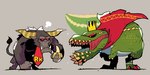 2:1 absurd_res ambiguous_gender banana black_sclera brown_background brown_body brown_skin brute_wyvern capcom cape claws clothing crown deviljho donkey_kong_(series) duo feral food fruit fur green_body green_skin green_tongue grey_body grey_fur headgear hi_res holding_banana holding_food holding_object horn leaning leaning_forward mammal monster_hunter necktie nintendo open_mouth plant primate primatius rajang rariatoo red_claws red_eyes shadow signature simple_background tail tail_tuft teeth text_on_necktie tongue tuft yellow_eyes yellow_horn