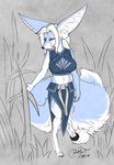 2024 anthro big_ears big_tail blokfort blue_body blue_fur braided_hair breasts canid canine clothed clothing dress female fennec_fox forehead_gem fox fur gem grass hair kalta_(blokfort) mammal outside plant simple_background sketch solo tail true_fox white_body white_fur white_hair